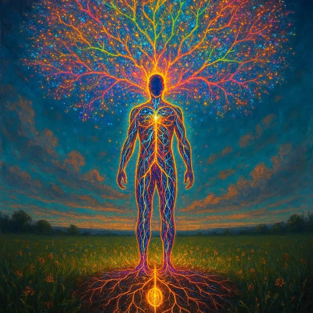 Bild zu Blue Relief Ein menschlicher Umriss mit leuchtenden Wurzeln und einem strahlenden Baum im Hintergrund.