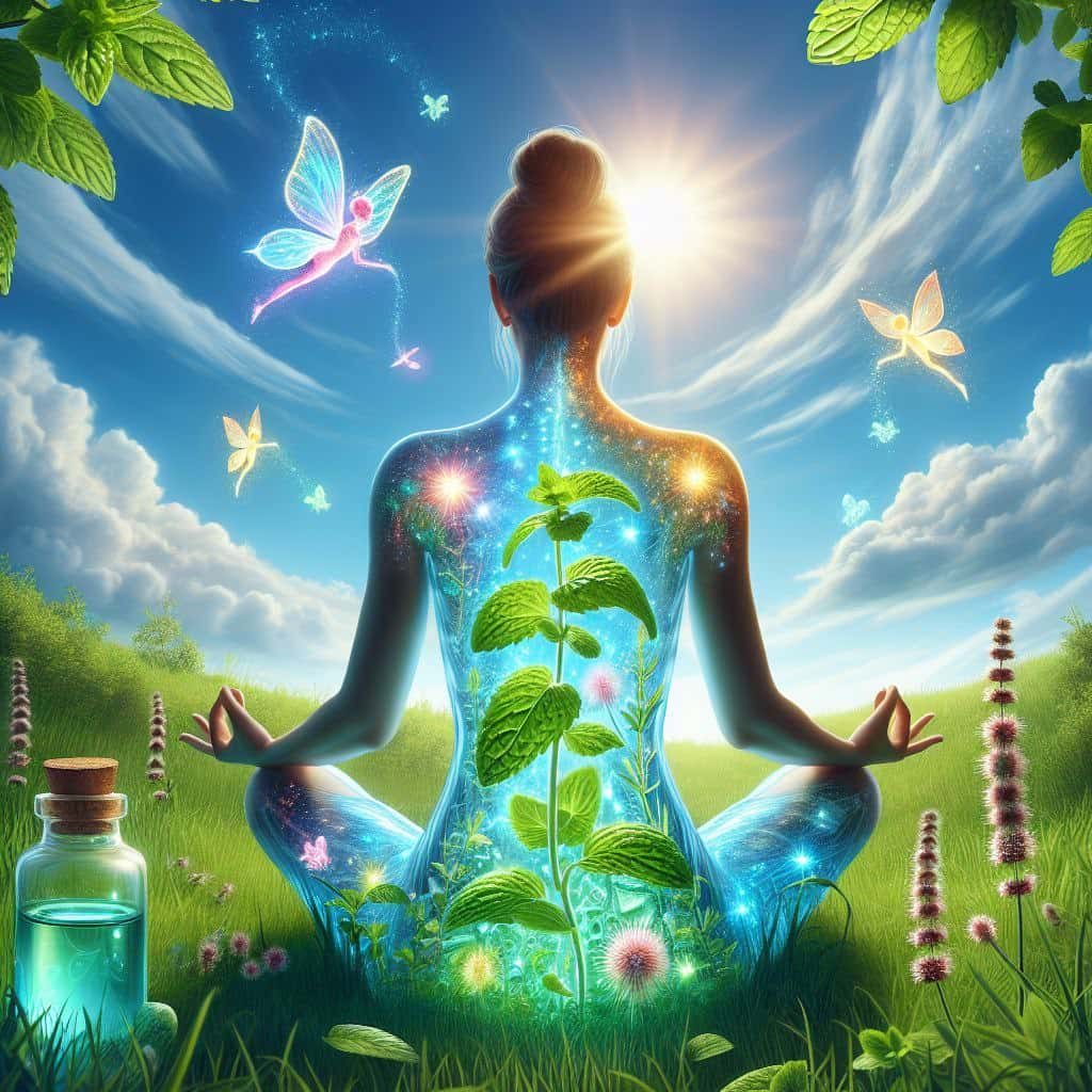 Bild zu Pfefferminze Frau im Lotussitz, von Pflanzen und Schmetterlingen umgeben, strahlt inneren Frieden aus.