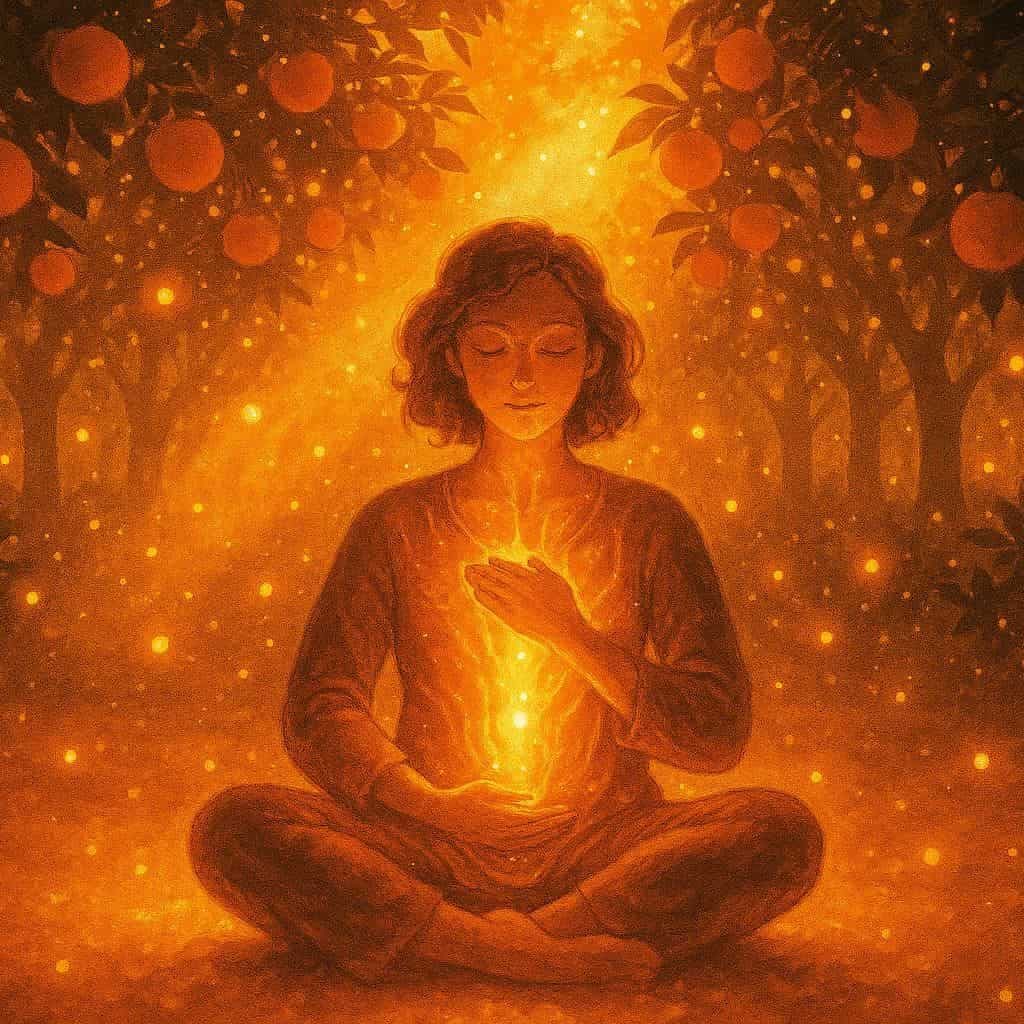 Orange Eine leuchtende Figur meditiert in einem Obstgarten mit Orangenbäumen.