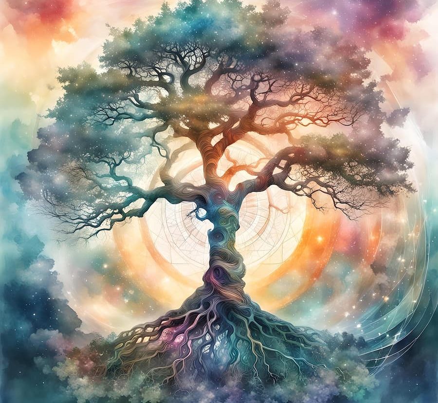 Copaiba Ein großer, farbenfroher Baum mit leuchtenden Wurzeln und einem strahlenden Hintergrund.