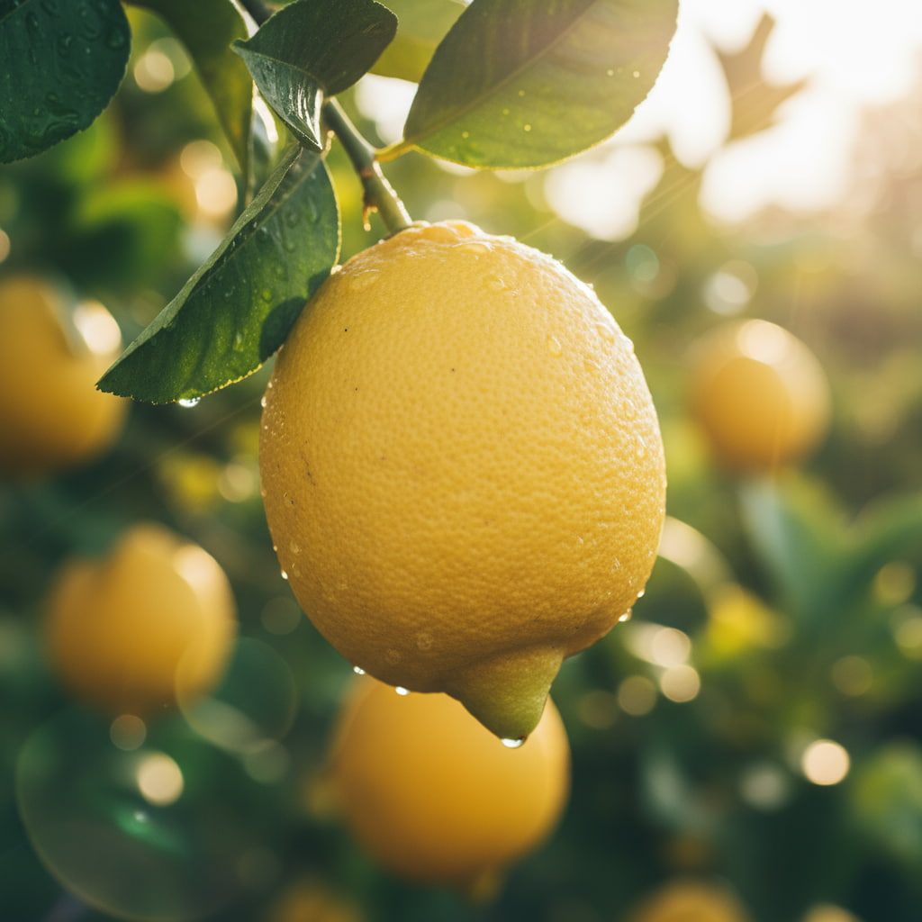 Bild zu Zitrone Reife Zitrone mit Wassertropfen, hängend an einem Zweig im Obstgarten.