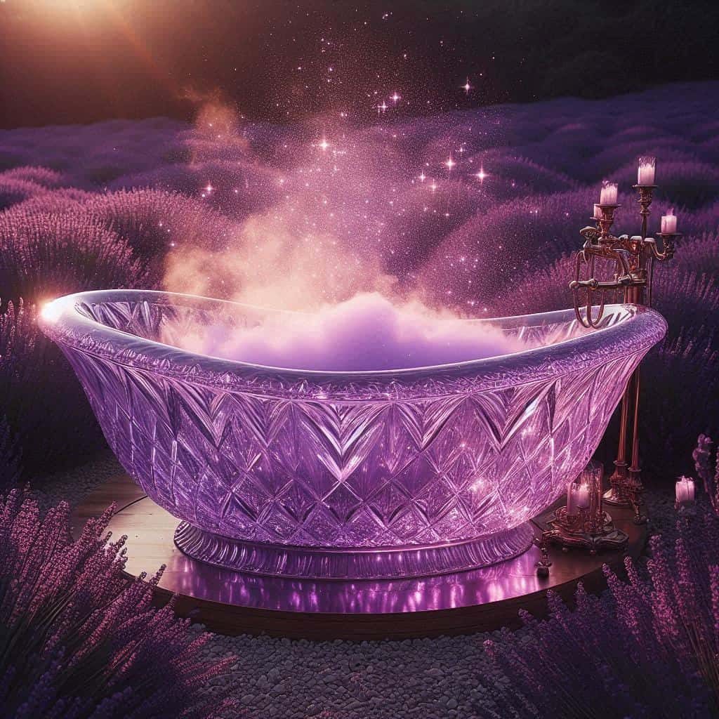 Bild zu Lavendel Ein leuchtender, lila Badebottich in einer lavendelfarbenen Landschaft mit Nebel.