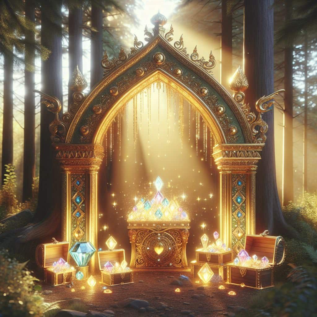 Weihrauch Goldener Altar im Wald, umgeben von leuchtenden Edelsteinen und Schatztruhen.