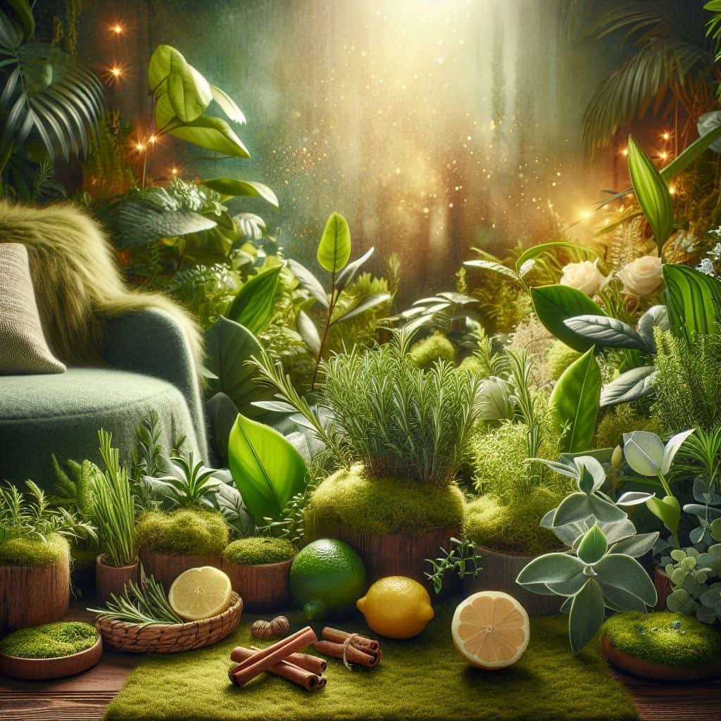 Bild zu Thieves Grüne Pflanzen und Zitrusfrüchte auf einem Teppich mit sanfter Lichtstimmung.