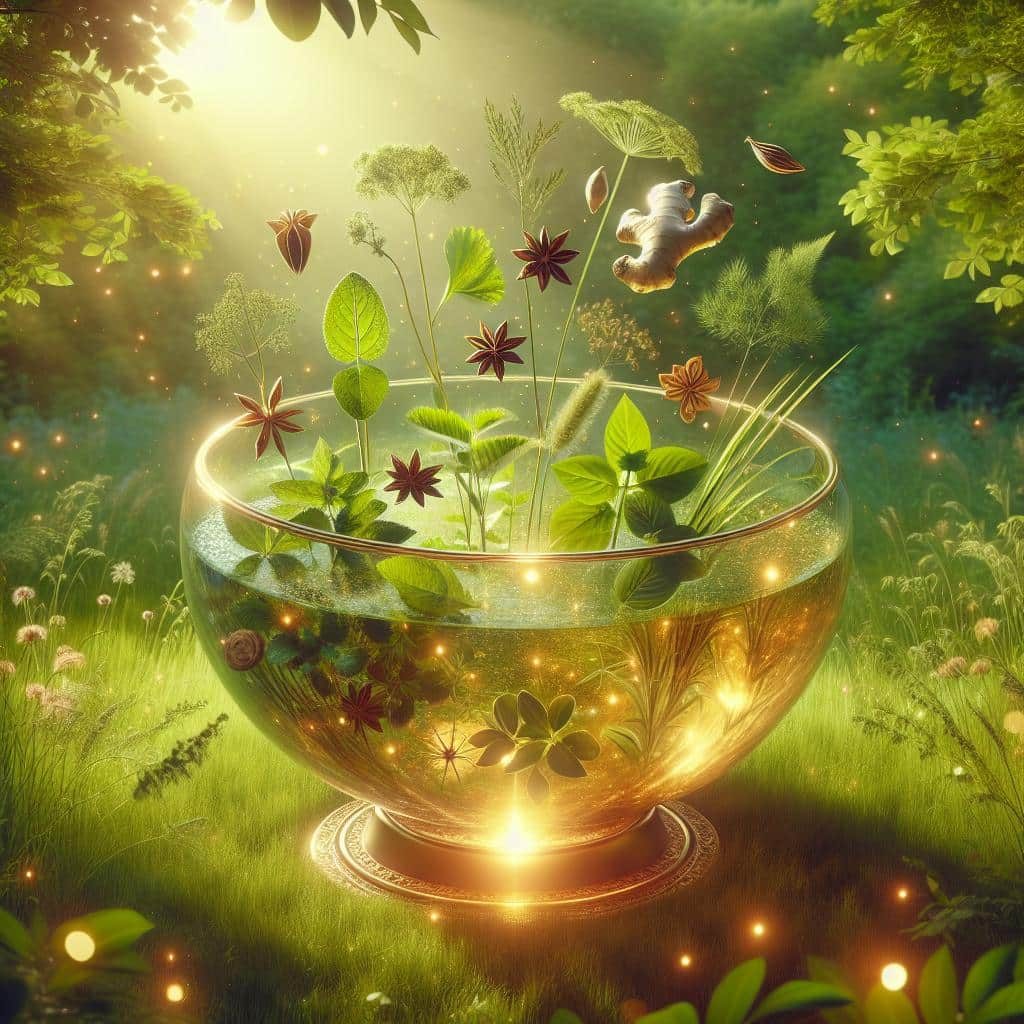 Bild zu Di Gize Eine gläserne Schale mit Pflanzen und Lichtstrahlen in einer grünen, blühenden Umgebung.