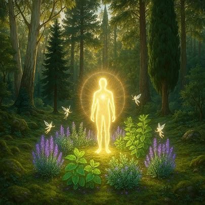 Bild zu R.C. Ein leuchtender Mensch in einem magischen Wald, umgeben von Pflanzen und kleinen Lichtern.