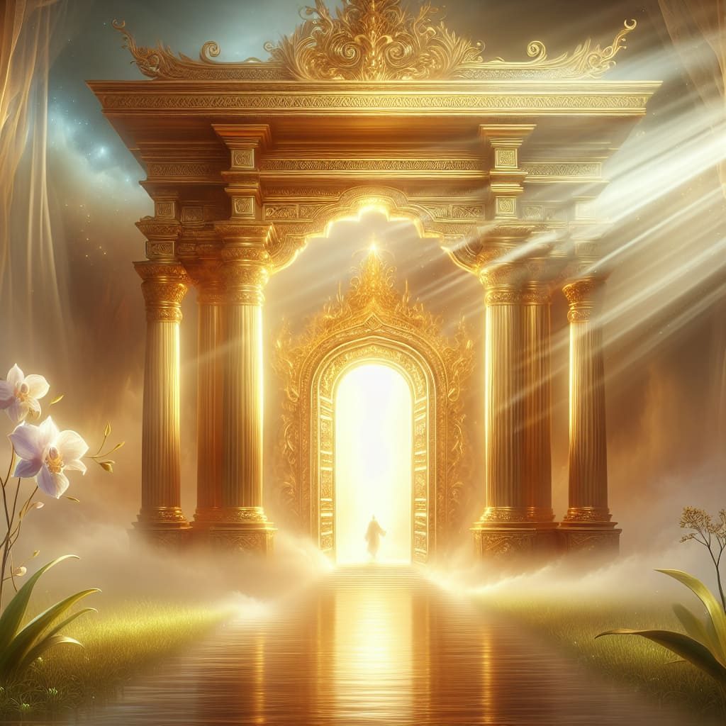 Weihrauch Ein goldener Torbogen mit strahlendem Licht, umgeben von Blumen und Nebel.
